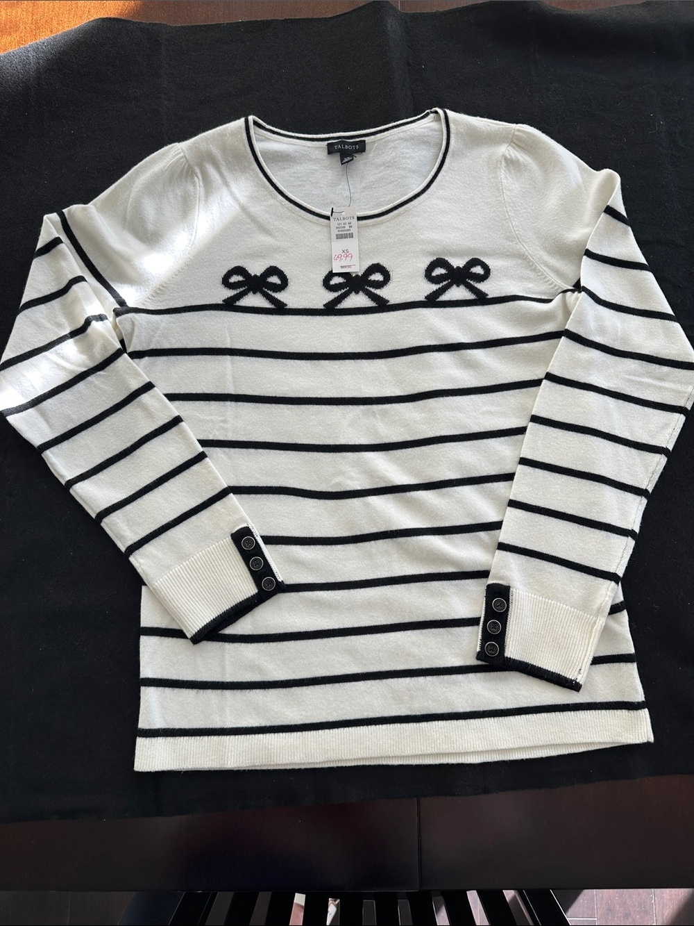 Talbots White Crewneck Sweater with Black Stripes & Bow Accents